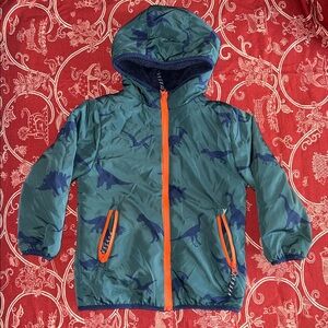 Mini Boden Dark green puffer Jacket with dinosaur print, fleece lining
